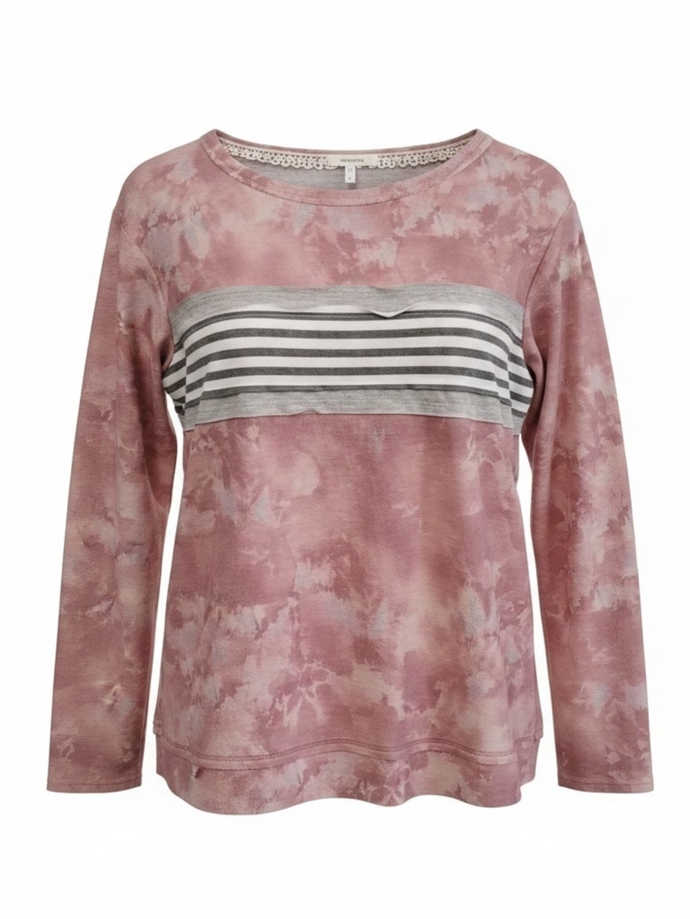 Maurices Mauve Tie-Dye Long Sleeve Top with Gray & White Stripes